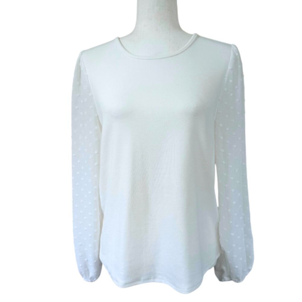 SOJOURN White Sheer Sleeve Swiss Dot Knit Top Size MP - Picture 3 of 11